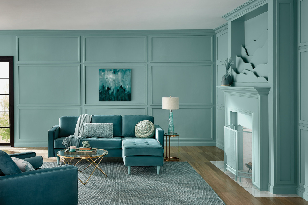 Teal and Blue Living Room Featuring Renew Blue Paint by Valspar-- Photo courtesy of Valspar