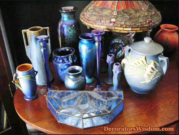 Blue Decor: Blue Home Accessories Including Blue Art Glass Vases, Blue Candlesticks, Blue Roseville Pottery, and a Blue Jewelry Box. Photo Is Copyright Amy Solovay; All Rights Reserved.