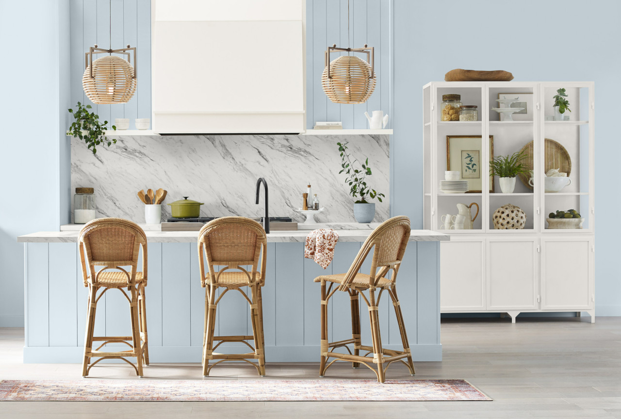 Kitchen Painted With Sherwin-Williams 2024 Color of the Year, Upward SW 6239, Which Is a Pale, Cloudy Blue