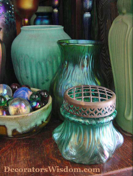 Green Decor: Vintage Green Art Glass and Green Pottery Vases. Photo by Amy Solovay; All Rights Reserved.