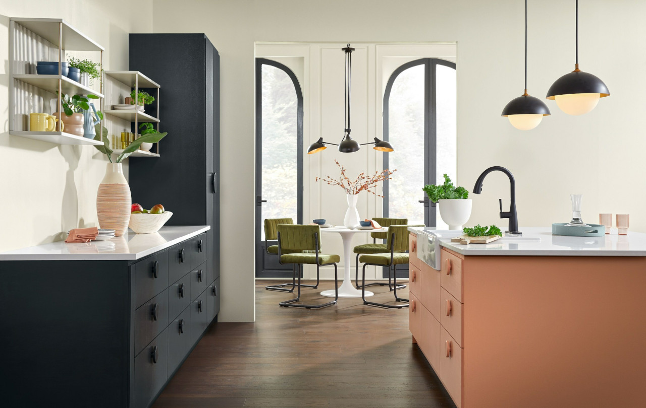 Colors from Sherwin Williams' Renewed Comfort Color Collection; their HGTV Home 2024 Color of the Year, Persimmon, Is Pictured at Right in the Foreground. Photo Courtesy of Sherwin Williams.