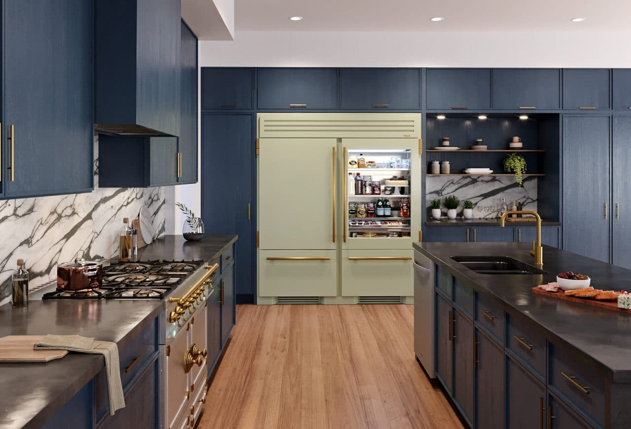Navy Blue Kitchen With Sage Green Refrigerator  -- Photo Courtesy of True Residential