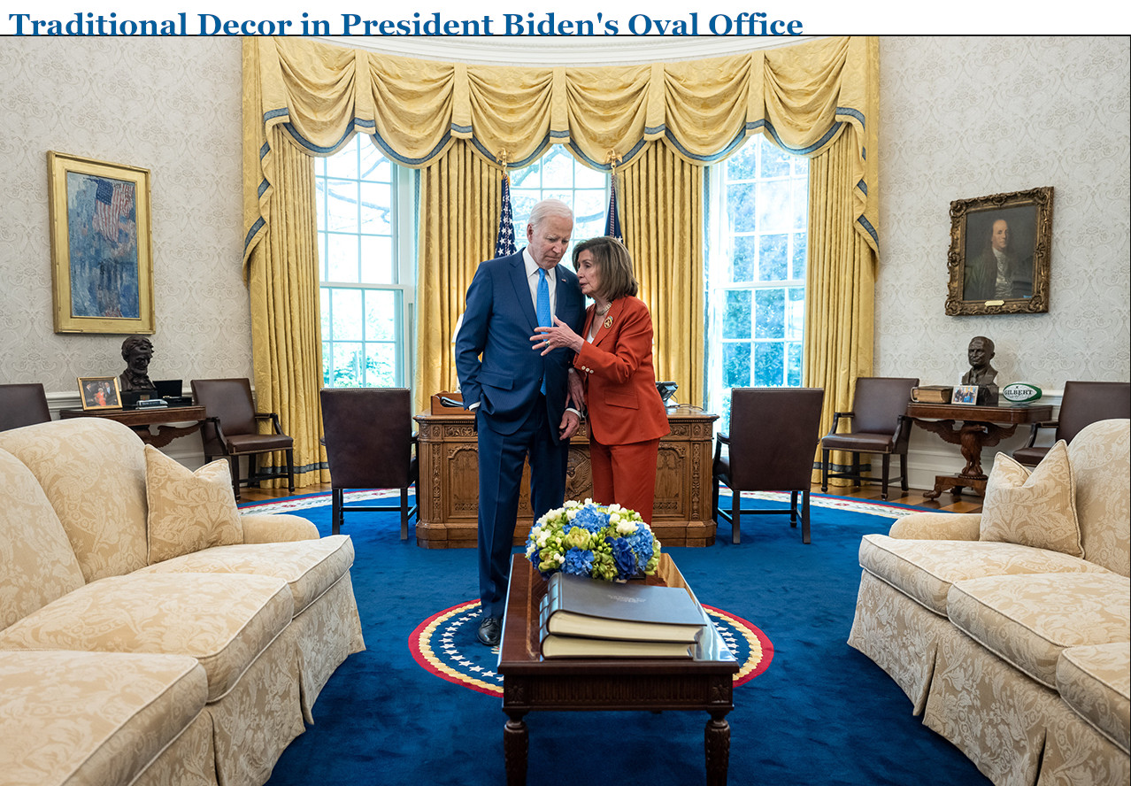 President Joe Biden talks with former Speaker of the House Nancy Pelosi, Tuesday, April 18, 2023, in the Oval Office of the White House. Photo is by Adam Schultz.