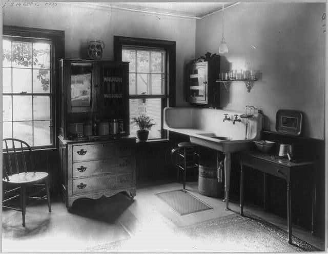 This is a vintage photo from 1925 showing you the kitchen in a Massachusetts farmhouse.